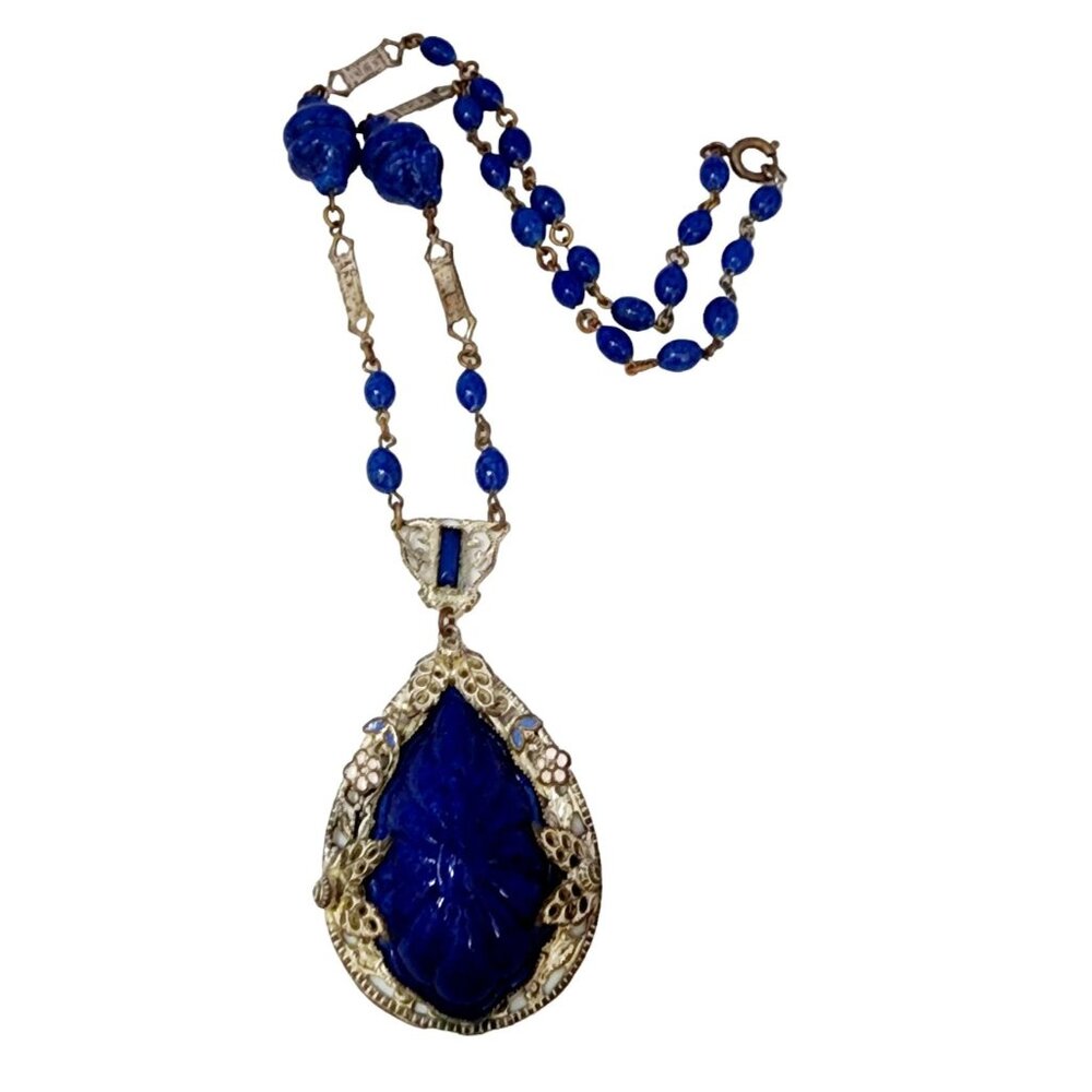 Spectacular Vintage Czech Molded Glass Pendant Necklace (A4525)